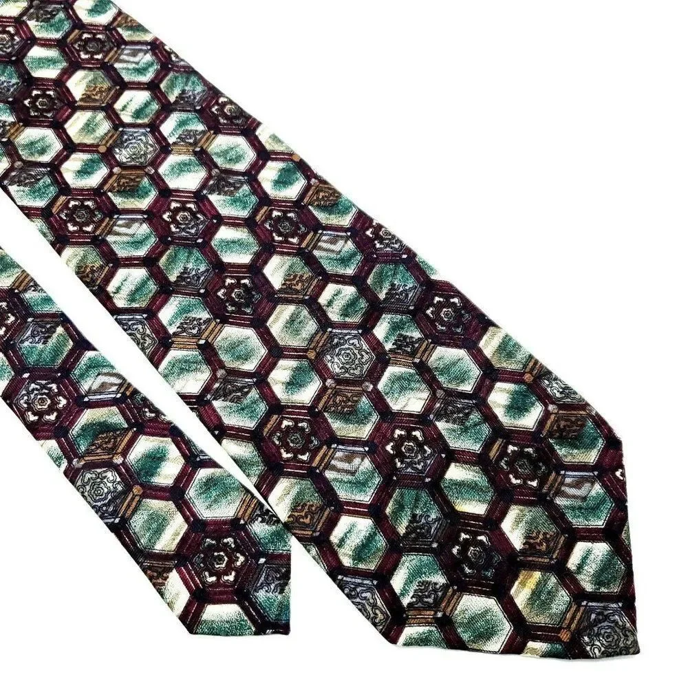 XMI Silk Tie‎ Maroon Green Geometric Short Wide